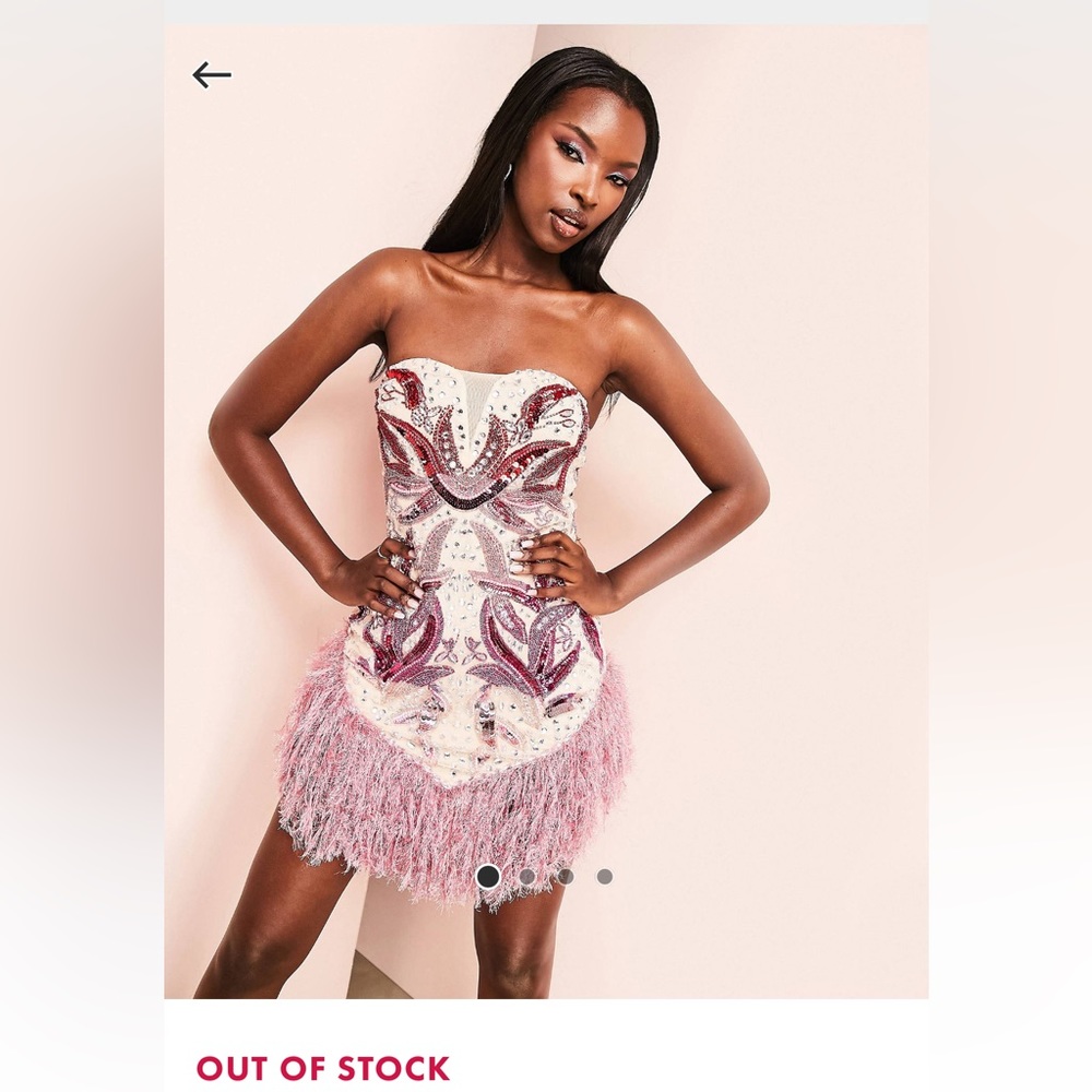 bandeau embellished mini dress with faux feather trim in pink